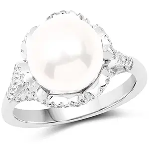 Johareez 5.40gms White Synthetic Pearl & White Cubic Zirconia Rhodium Plated .925 Sterling Silver Solitaire Ring for Women