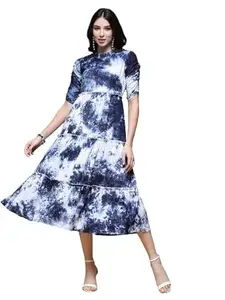 LARGISH Rayon Blue White Tie-Dye Print, 3 Tiered,Flared Dress