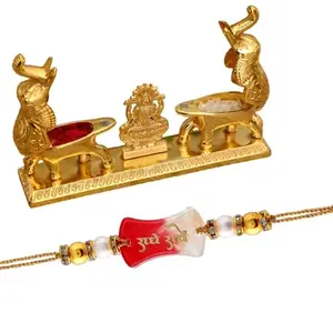 Piepot Rakhi For Brother With Gift Dual kumkum Holder- Metal Lord Lakshmi in Lotus with Elephant kumkum holder Golden Color Rakhi Comes With Free Roli Chawal And Happy Rakhi Greeting Card