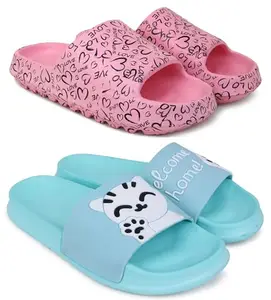 Pampy Angel Combo Pack of 2 Slipper/Flip Flops/Slides for Women,(YW-Love-Pink,Welcome-Blue),37 (Euro)