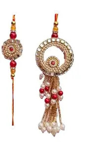 Designer Bhaiya Bhabhi Rakhi Lumba Set with Kundan and Pearl Beads for Raksha Bandhan