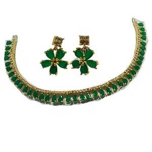 Handcrafted Gold Plated Necklace Set with Green Stones, White AD