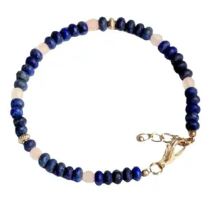 LKBEADS Lapis Lazuli & Rose Quartz bracelet with Gold clasp - 4-4.5mm Round & Rondelle beads- Smooth Cut -7 Inch Adjustable Bracelet– Healing, Fashion, Gift, Spiritual, Yoga|LK_STACK_08095