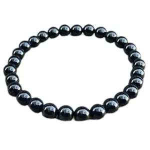 Lady Works Natural Black Agate 8mm Round Shape Smooth Cut Beads 8 Inch Stretchable Bracelet For Men & Women. Unisex Bracelet For Healing, Meditation, Prosperity, Gift & Luck|LW_BRST_01197_8.0