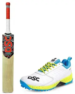 DSC Jaffa 22 Cricket Shoes for Men and Boys UK-8 White/Lime-Yellow & DSC Scorer Kashmir Willow Cricket Bat (Size: Short Handle, Ball_ Type : Leather Ball, Playing Style : All-Round)