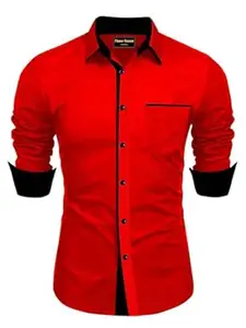 FINAXO FASHION Men's Cotton Blend Shirt, Black with Red Trim, Long Sleeve, Regular Fit