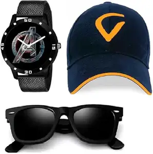 GIFFEMANS GFMN1271 Analog Black Dial Black Strap Watch with Cap and Sunglasses for Boys (Combo of 3)