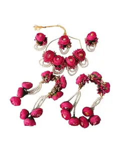 K&K KREATION Pink Rose Jewelry Set for Women, Badi Jewelry Earrings Necklace for Haldi Mehendi Baby Shower Functions, Indian Style