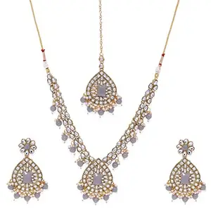 ACCESSHER traditional Gold Toned kundan, pearls and grey stone Jewellery set wedding collection with Earrings and maang tika for women and girls