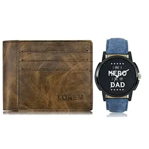 LOREM Combo of Blue Wrist Watch & Brown Color Artificial Leather Wallet (Fz-Wl19-Lr07)