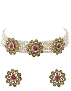 Anuradha PLUS® Pink Colour Designer Choker Necklace Set For Women & Girls |Pearls Beads Neckalce With Earrings Set |Moti Necklace