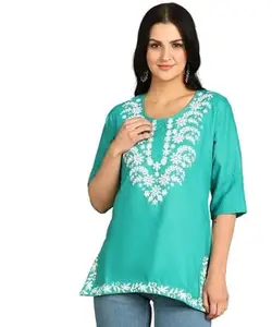 Varutri Embroidery Short Kurti for Women Cotton, Stylish Kurti for Women Western (in, Alpha, S, Regular, Sea Green)