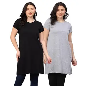 FLEXIMAA Women's Cotton Plain Round Neck Half Sleeve Black & Grey Melange Color Long Top XL Size - (Pack of 2)