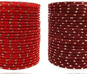 Mahakal glass velvet bangle set for women and girls (pack of 48) (2.4, Red-maroon)