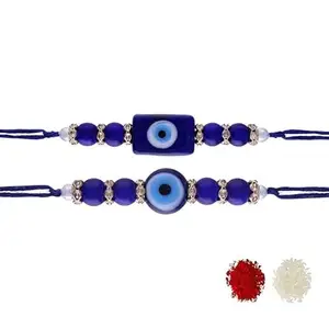 I Jewels Elegant Evil Eye Pearl Combo Rakhi Set & Roli Chawal For Brother/Bhai/Bro/Men With Rakshabadhan Card (R073-77CO) (Set of 2)