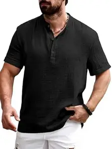 WIZOON Shirt for man | Men’s Black Shirt | Cotton Blend | Casuals | Mandarin Collar | Half Sleeves | Regular Fit for Men