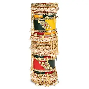 BRIDAL GARNISH "Bridal Elegance Unveiled: Multicolored Chuda Bangles Set with Latkan, Kundan, Zari, and Pearl Handwork" (Style2, 2.8)