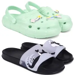 Pampy Angel Combo Pack of 2 Slipper/Flip Flops/Slides/Clogs/Sandals with Adjustable Back Strap for Women,(WCL-Ranbo-Green,Dolphin-Black),37 (Euro)