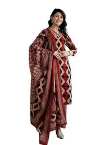 feranoid Bordered V-Neck 3-Piece Kurta Set with Ankle-Length Pants & Full-Length Dupatta (M–XXL)