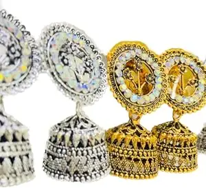 Women oxidised Earrings with stone - (Set of 3)