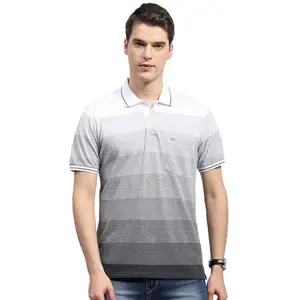 Monte Carlo Mens Grey Striped Polo Neck Half Sleeve Regular Fit T-Shirt (224064256-1-40)