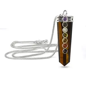 Crystu Natural Tiger Eye Pendant 7 Chakra Bead Crystal Stone Pendant/Locket with Metal Chain for Reiki Healing and Crystal Healing Gemstone Size 45-50 mm (Color : Multi)