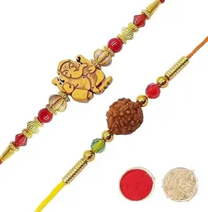 ARYANSH SHOPPE Ganesh And Rudraksha Handicraft Designer Rakhi for Sweet & Lovely Brother, Beads Rakhi Stylish Thread Bracelet Raksha Bandhan (PACK OF 2)
