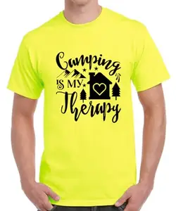 Caseria Men's Cotton Graphic Printed Half Sleeve T-Shirt - Camping is My Therapy Camp (Lemon Yellow, L)