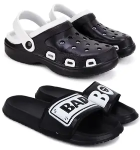 Pampy Angel Combo Pack of 2 Slipper/Flip Flops/Slides/Clogs/Sandals with Adjustable Back Strap for Men,(Cl-Shell-Black,Badboy-Black),6 (UK/India)