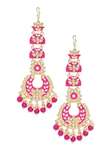 OOMPH Jewellery Pink Meenakari & Kundan Floral Chandbali Earrings with Matching Ear Chain for Women & Girls