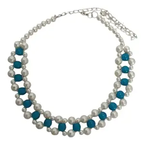 Elegant Pearl and Turquoise Beaded Necklace, Silver Tone