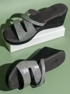 Inc.5 Women Pewter Textured Embellished Open Toe Wedge Heels