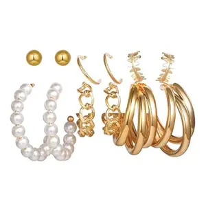 Vembley Combo of 6 Pair Gold Plated Stud And Chain Pearl Triple Hoop Earrings