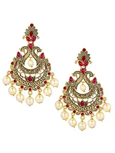 OOMPH Jewellery Red Kemp Stone & Pearls Peacock Design Large Chandbali Earrings For Women & Girls Stylish Latest (ECK55_Z3)- For Women & Girls Stylish Latest
