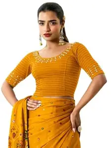 MISS WEARS Women's Regular Fit Readymade Stretchy Elbow Length Embroidered Saree Blouse