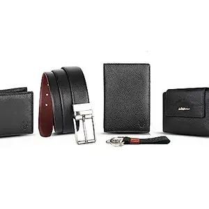 WildHorn Leather Executive Gift Set |Combo Of Men's Wallet, Ladies Wallet,Passport Holder, Men's Belt & Keyring |5 In 1 Mega Combo| Best Gifting Options, Black
