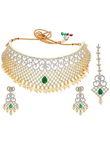 Silvermerc Designs Bridal American Diamond Jewellery set with earrings and maangtikka