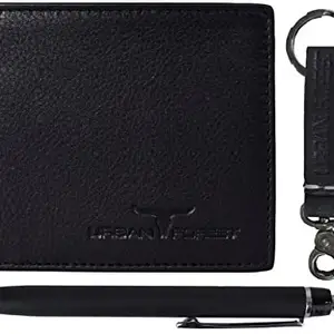 URBAN FOREST Weasley Black Leather Wallet, Keyring & Pen Combo Gift Set for Men