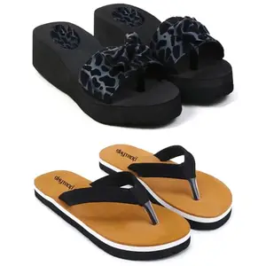 Skytrap Black Nubuck Tiger Print Light Weight Stylish, Trending & Comfortable Ortho Heel Slippers Flipflop for Women and Girls Combo of 2 (Brown, 7)