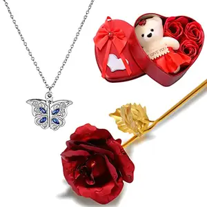 Fashion Frill Valentine Gift For Girlfriend Golden Butterfly Pendant Openable I Love You Pendant Chain Necklace For Women Girls 24k Gold Rose & Heartbox with Teddy Love Gifts Valentine's Day Gifts