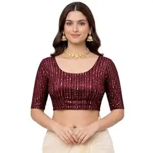 Shimmer Sequin Stripe Fabric Blouse for Women | Half Sleeve Round Neck Readymade Saree Blouse | Party