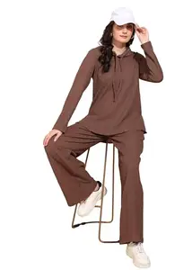 Masalli Fashion Women's Rust Brown Texture Hooded Neck Co-ord Set (in, Alpha, M, Regular, Rust Brown)