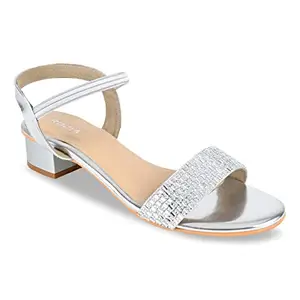 ROCIA Regal Silver Women Diamond Embellished Block Heel Sandal