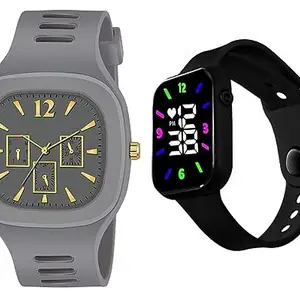 MVS Combo Of Two Analog Digital Square Wrist Watches With Detachable Soft Straps For Men & Women (Grey & Black)