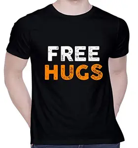 CreativiT Graphic Printed T-Shirt for Unisex Free Hugs Tshirt | Casual Half Sleeve Round Neck T-Shirt | 100% Cotton | D00585-34_Black_XXX-Large