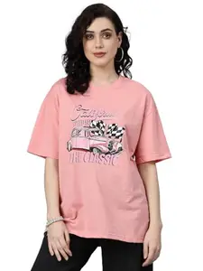 Popster Peach Printed Cotton Round Neck Oversized Half Sleeve Womens T-Shirt (POP0118804-L)