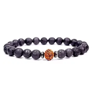 Natural Lava & Rudraksha Bracelet – Stretchable for Men & Women – Healing, Prosperity, Protection & Positive Energy – Meditation, Stress Relief & Wealth