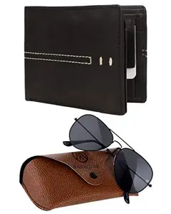 MARKQUES Black Genuine Leather Wallet and Aviator Sunglasses Gift Set Combo for Men (VIN-4401 CL-0101)