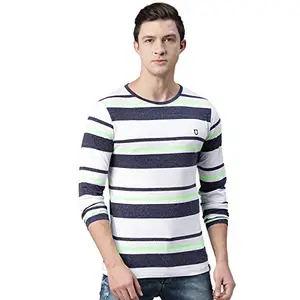 Urbano Fashion Men's White, Navy Blue, Green Striped Full Sleeve Slim Fit Cotton T-Shirt (stripetee-Full-whinavgrn-m)