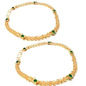 NANMAYA Handmade Green Kundan Stone Gold Anklets 10.5 Inches Pack of 2